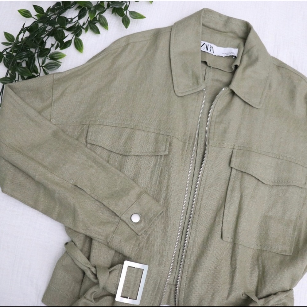 ZARA OLIVE KHAKI THIN LINEN BELTED JACKET